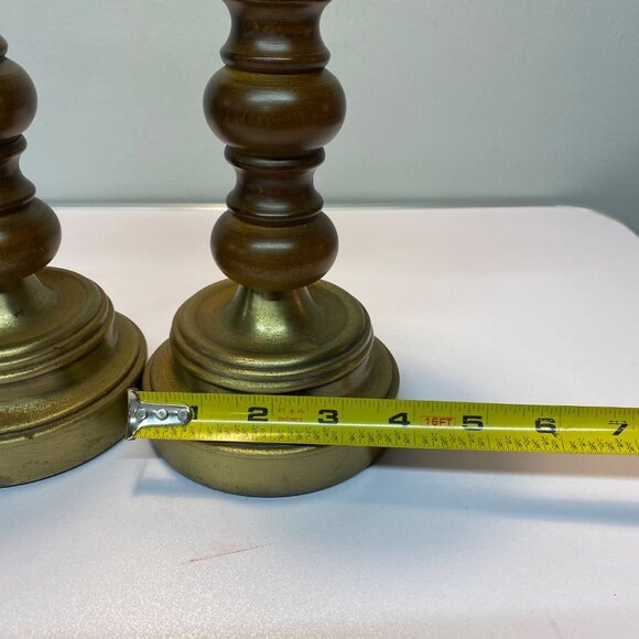 Vintage Wood Brass Set of 2 Candle Holders Homco Gold Tone 9.5"x4" MCM Retro - Picture 3 of 16